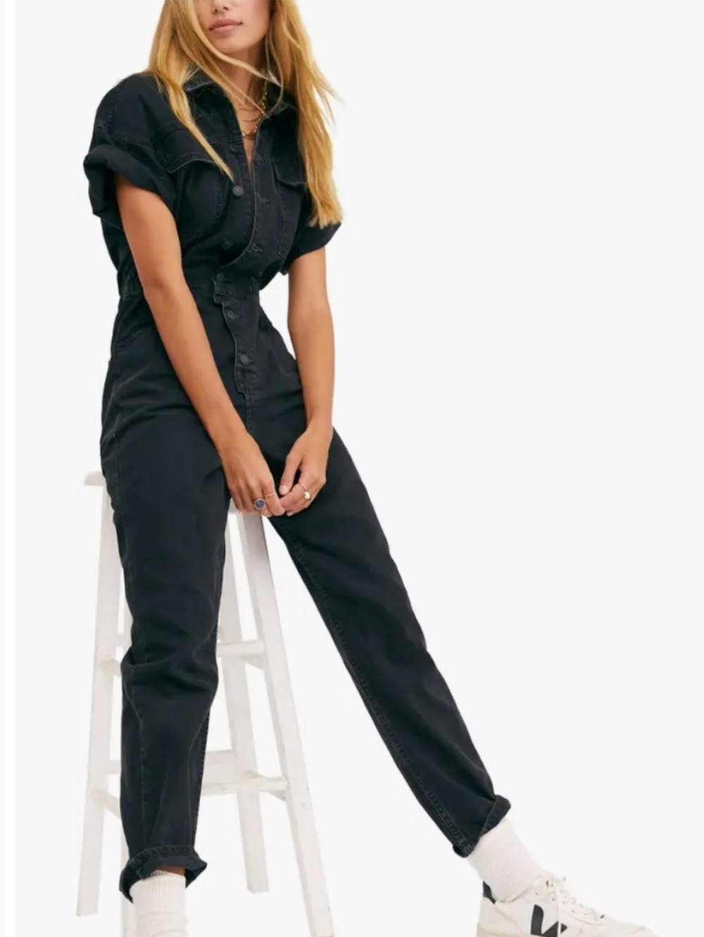 We The Free Black Short-Sleeve Utility Jumpsuit